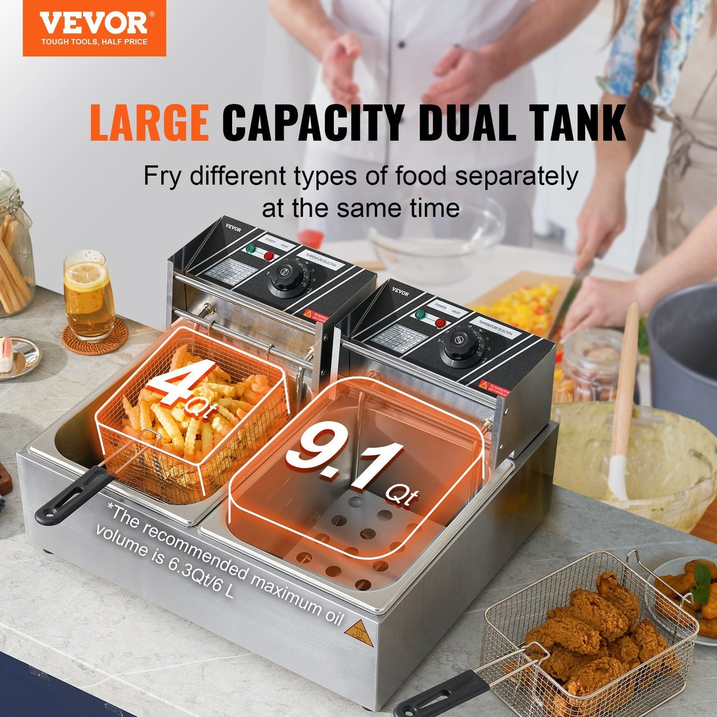 VEVOR Commercial Electric Deep Fryer 9.1Qt Countertop Deep Fryer Dual Detachable Tanks 1500W