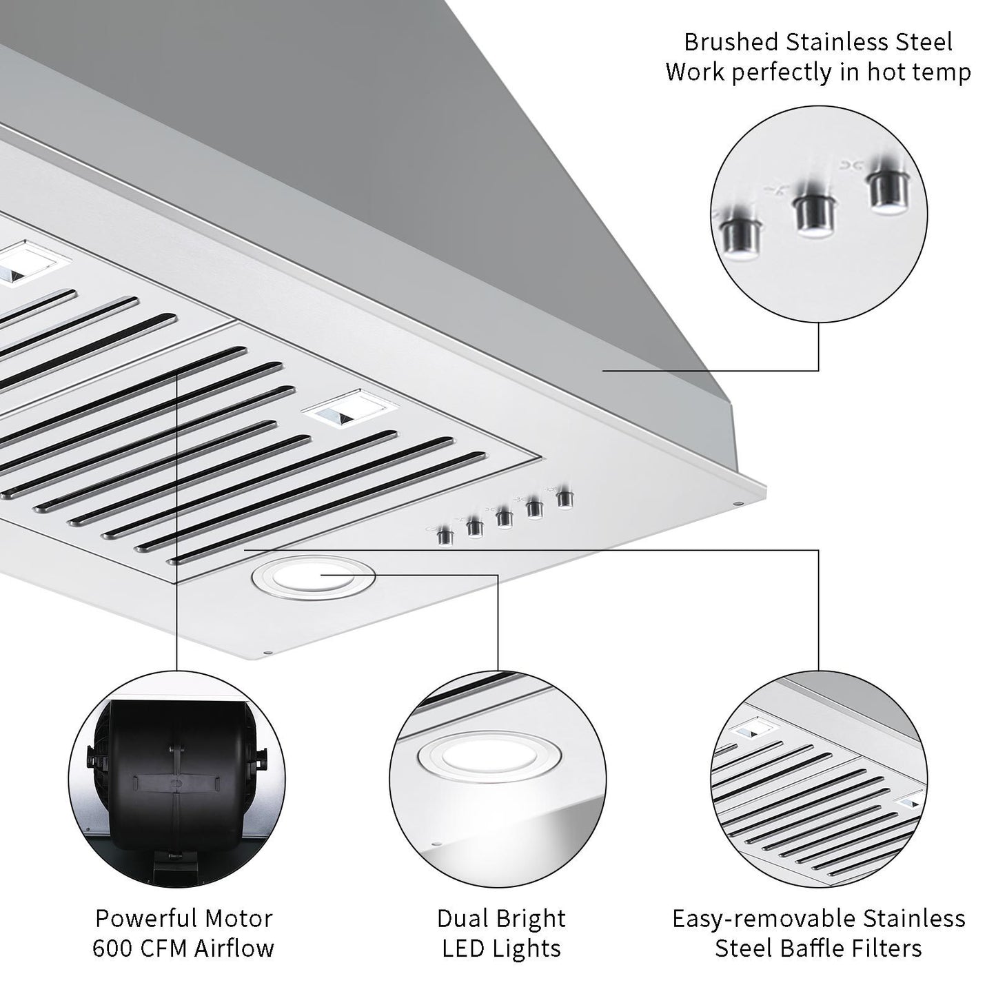 30 inch Insert Range Hood 600 CFM;  Built-in Stainless Steel Range Hoods with Right Button Controls and Back LED Lights; Kitchen Hood for Over Stove; Ducted/Ductless Convertible Vent Hood