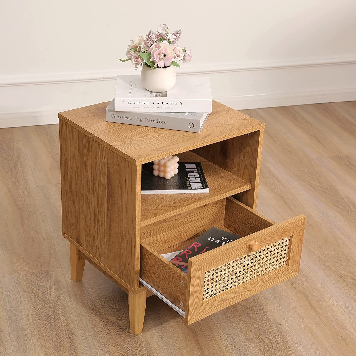 Nightstand with Natural Rattan Door Rattan Drawer;  Wooden Bedside Table End Table for Living Room and Bedroom