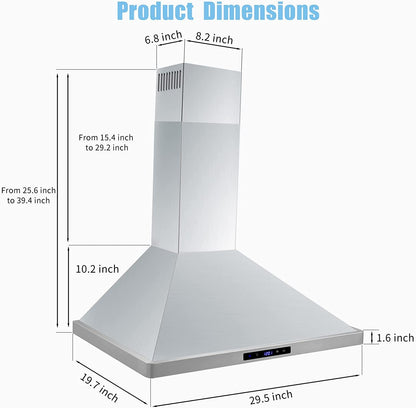 30 inch Range Hood 700CFM Wall Mount Stainless Steel Touch Control 3-speed Stove Vent