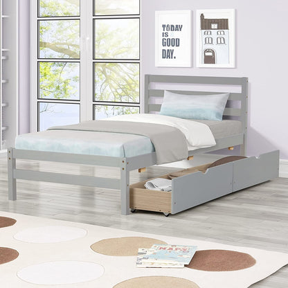 Betterhood Twin Platform Bed Frame with 2 Storage Drawers;  Wood Twin Bed Frames for Kids Toddler Girls Boys;  10 Slats Support;  No Box Spring Needed;  Easy Assembly;  Grey