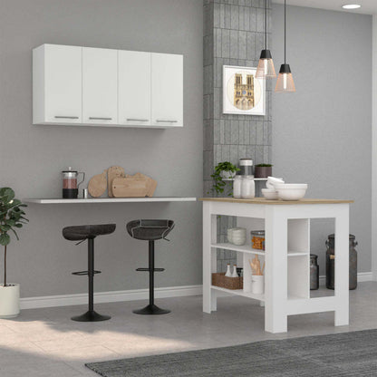 Caledon 2 Piece Kitchen Set, Kitchen Island + Upper Wall Cabinet , White /Walnut