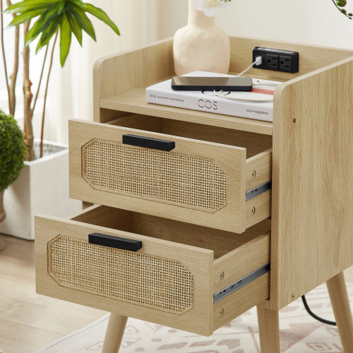 Rattan nightstand with socket side table natural handmade rattan(2PC; Natural ; 15.55''W*13.78''D*23.82''H)