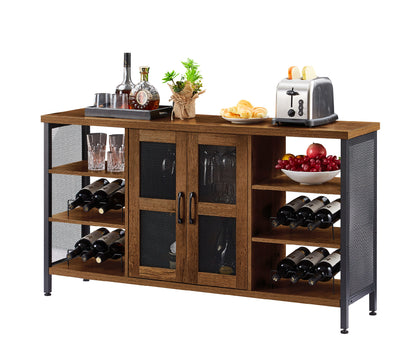 Industrial Wine Bar Cabinet; Liquor Storage Credenza; Sideboard with Wine Racks & Stemware Holder (Hazelnut Brown; 55.12''w x 13.78''d x 30.31' ' h)