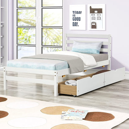 Betterhood Twin Platform Bed Frame with 2 Storage Drawers;  Wood Twin Bed Frames for Kids Toddler Girls Boys;  10 Slats Support;  No Box Spring Needed;  Easy Assembly;  Grey