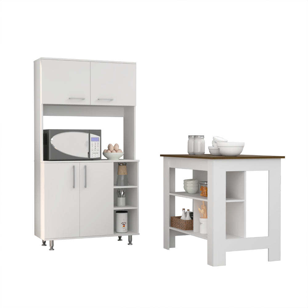 Surrey 2 Piece Kitchen Set, Kitchen Island + Pantry Cabinet , White /Walnut