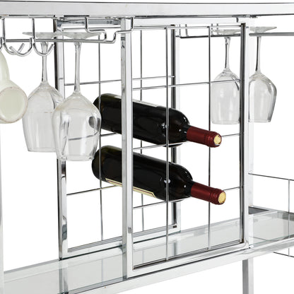 Bar Serving Cart with Glass Holder and Wine Rack, 3-Tier Kitchen Trolley with Tempered Glass Shelves and Chrome-Finished Metal Frame, Mobile Wine Cart for Home (Silver)