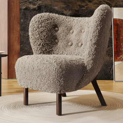 Modern Accent Chair Lamb skin Wingback Tufted Side Chair with Solid Wood Legs,Light Brown