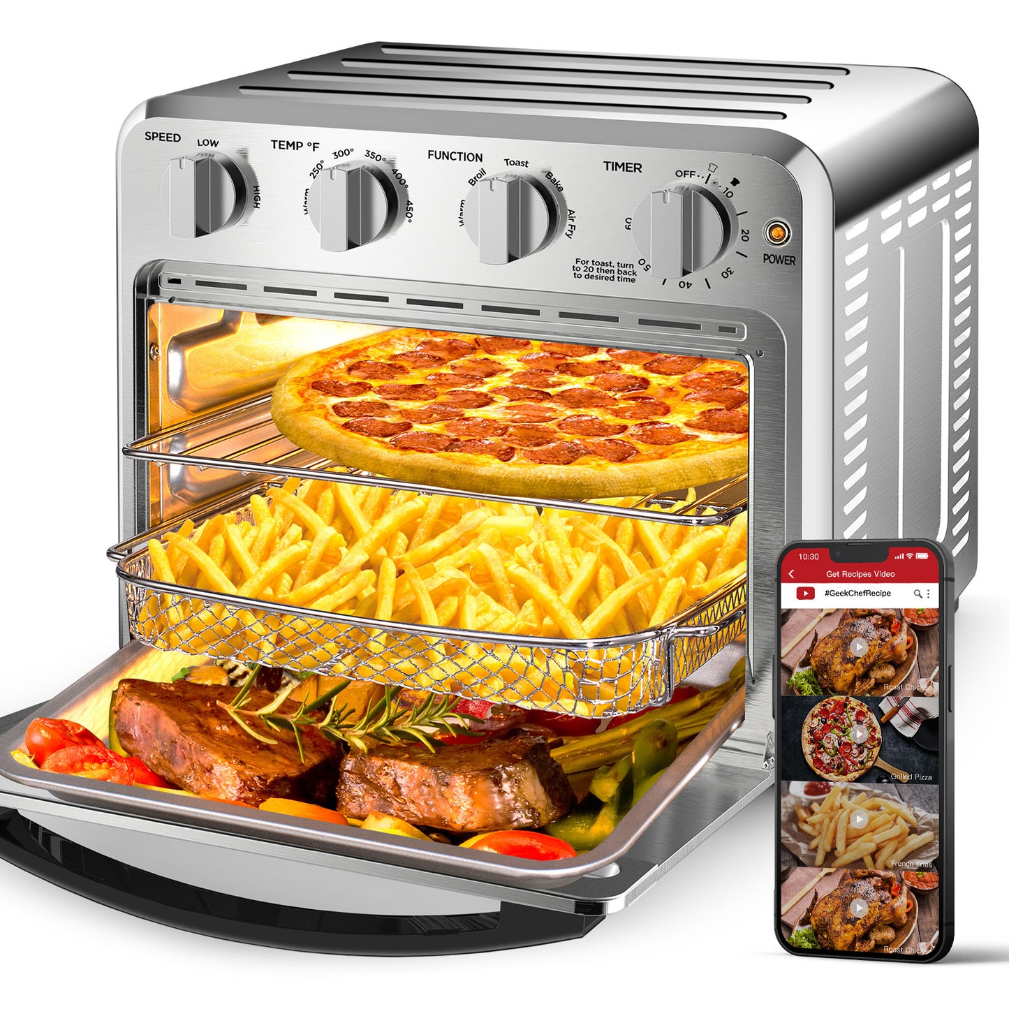 Geek Chef Air Fryer Toaster Oven Combo;  4 Slice Toaster Convection Air Fryer Oven Warm;  Broil;  Toast;  Bake;  Air Fry;  Oil-Free;  Accessories Included;  Stainless Steel;  Silver;  16QT