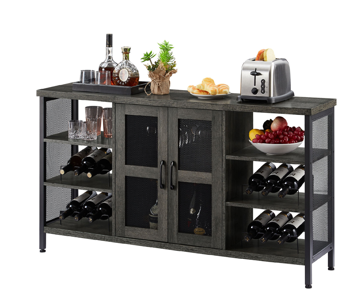 Industrial Wine Bar Cabinet; Liquor Storage Credenza; Sideboard with Wine Racks & Stemware Holder (Dark Grey; 55.12''w x 13.78''d x 30.31' ' h)