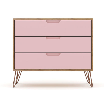 Manhattan Comfort Rockefeller Mid-Century- Modern Dresser with 3-Drawers in Nature and Rose Pink