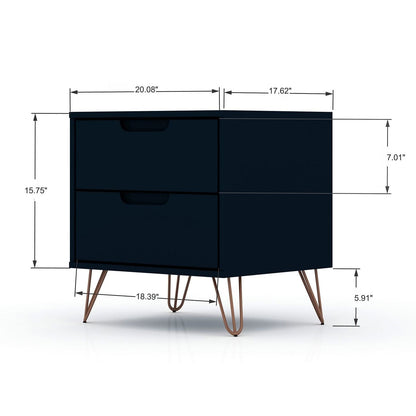 Manhattan Comfort Rockefeller 2.0 Mid-Century- Modern Nightstand with 2-Drawer in Tatiana Midnight Blue