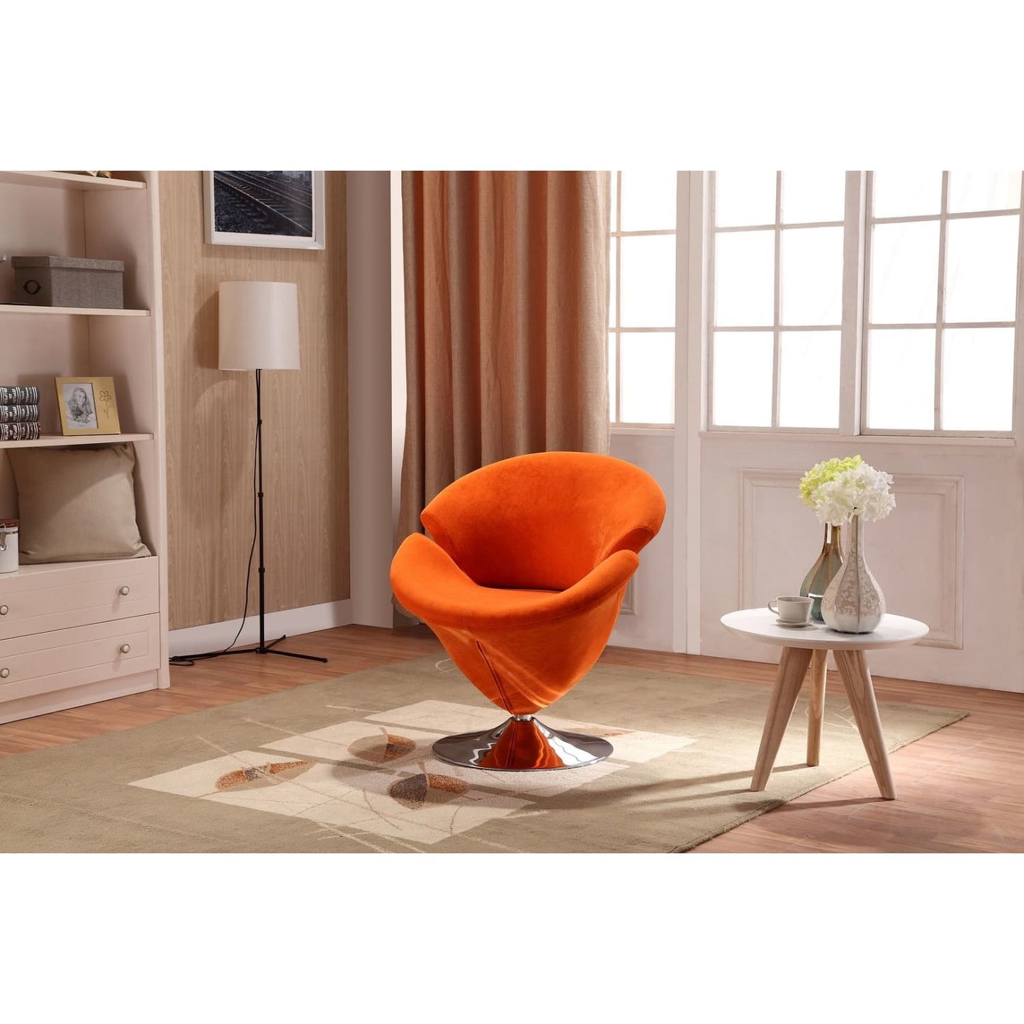 Manhattan Comfort Tulip Orange and Polished Chrome Velvet Swivel Accent Chair