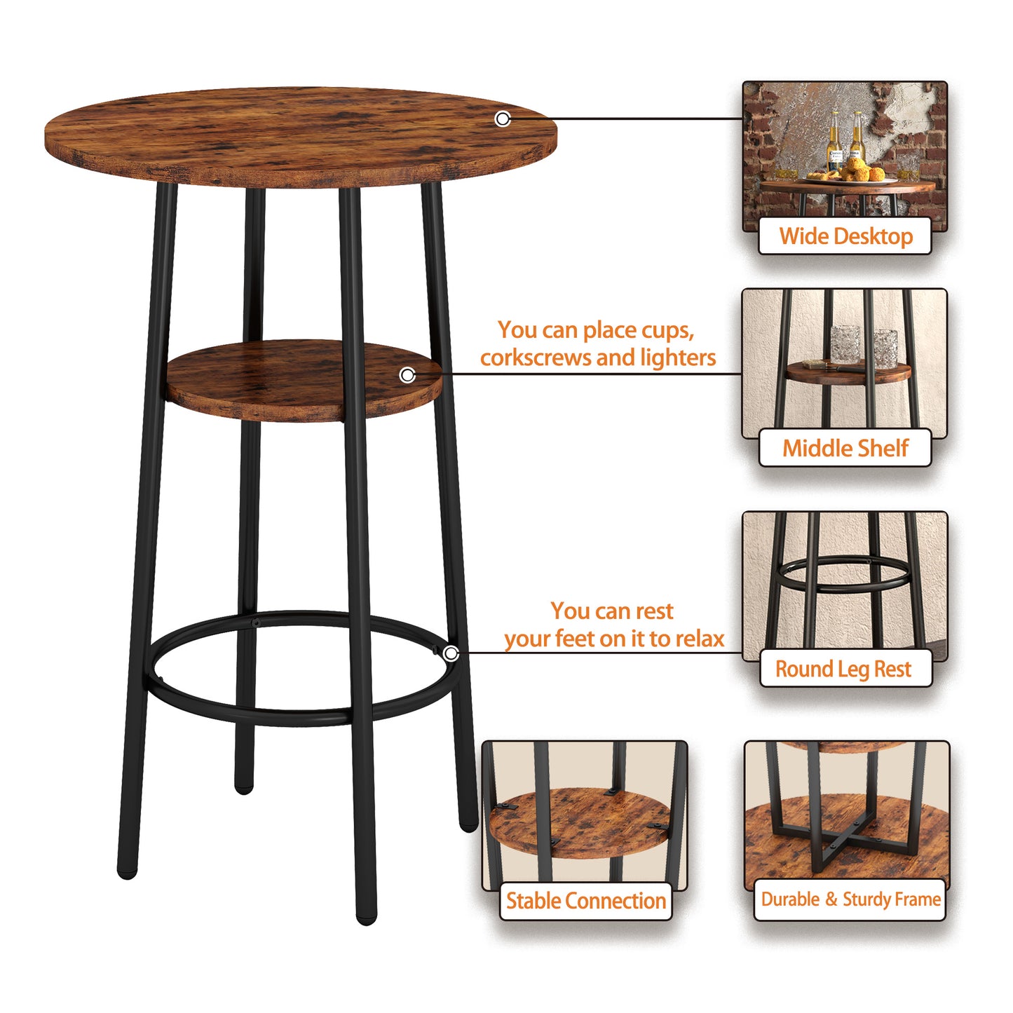 Double Layer Round Bar Table with 2 Bar Stools PU Soft Seat Back Breakfast table.(Rustic Brown; 23.62''w x 23.62''d x 35.43''h)