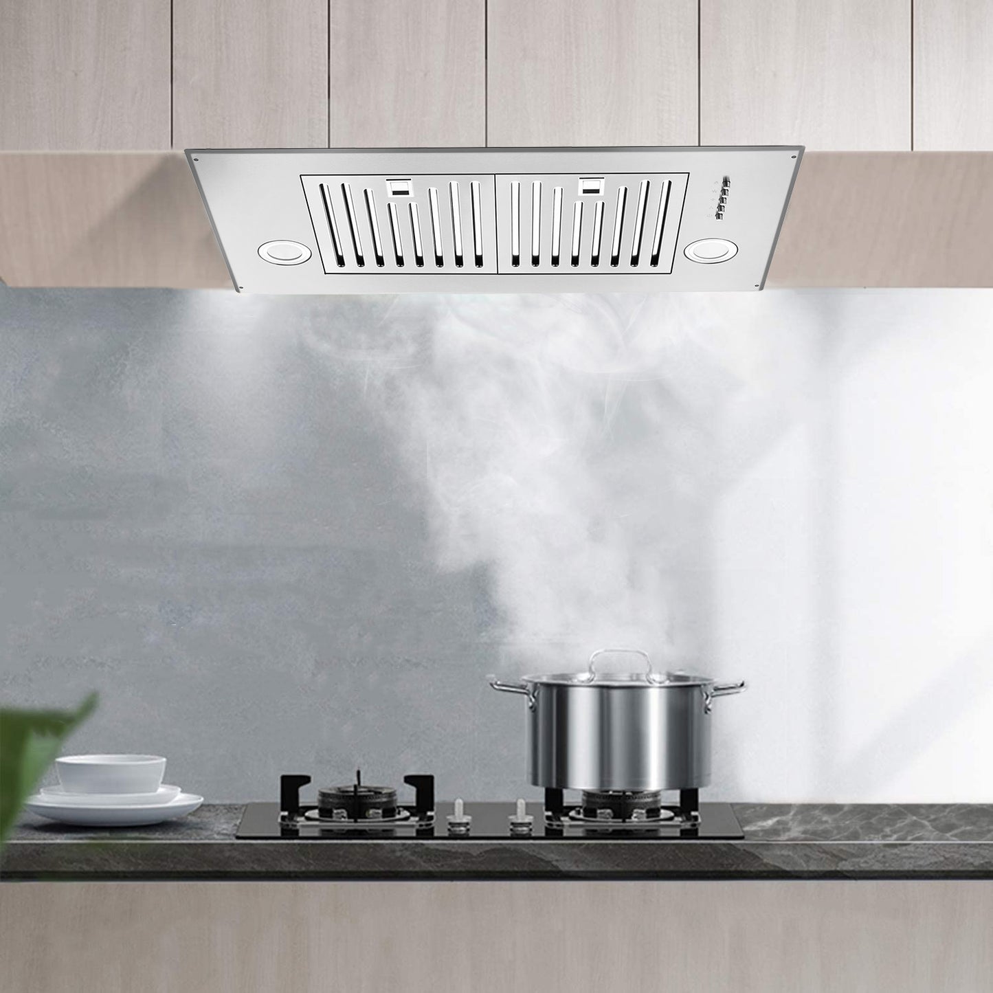 30 inch Insert Range Hood 600 CFM;  Built-in Stainless Steel Range Hoods with Right Button Controls and Back LED Lights; Kitchen Hood for Over Stove; Ducted/Ductless Convertible Vent Hood