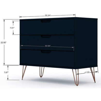 Manhattan Comfort Rockefeller Mid-Century- Modern Dresser with 3-Drawers in Tatiana Midnight Blue