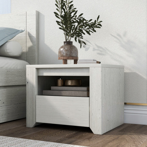Simple Style Manufacture Wood Nightstand with Wood Grain Sticker Surfaces One Drawer for Bedroom Guest Room Children's Room, Stone Gray