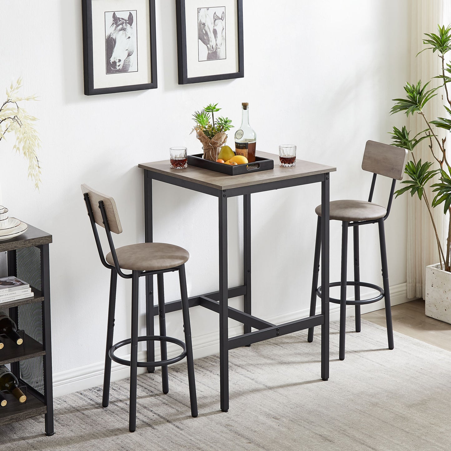 Bar Table Set with 2 Bar stools PU Soft seat with backrest (Grey; 23.62''w x 23.62''d x 35.43''h)