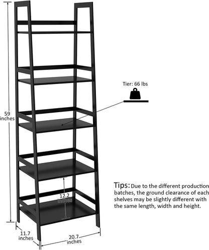 WTZ Bookshelf; Ladder Shelf; 5 Tier Bamboo Bookcase; Modern Open Book Case for Bedroom; Living Room; Office; BC-238 Black