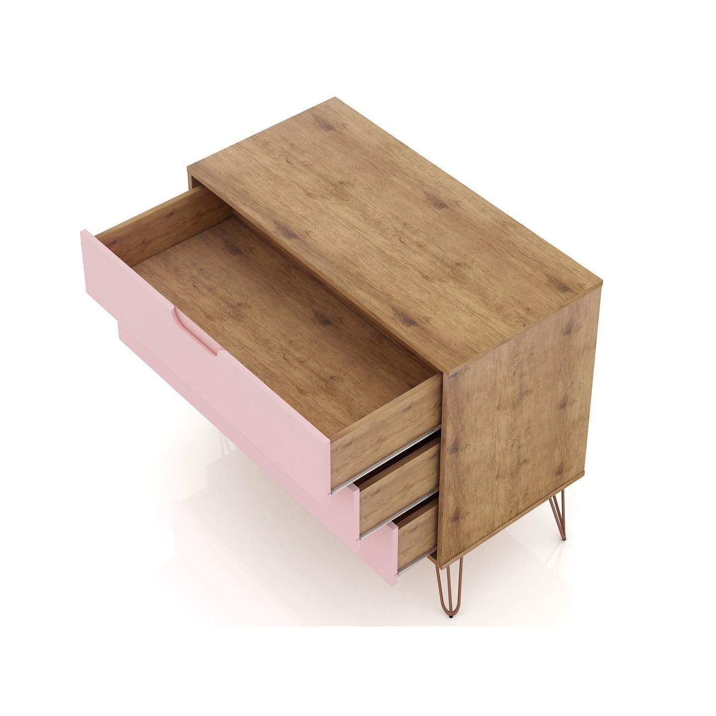 Manhattan Comfort Rockefeller Mid-Century- Modern Dresser with 3-Drawers in Nature and Rose Pink