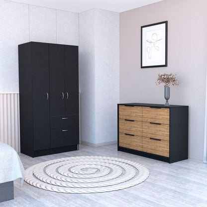 Crete 2 Piece Bedroom Set, Armoire + Drawer Dresser, Black / Pine