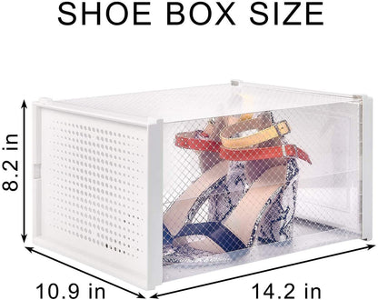 Storage Shoe Box;  Foldable Clear Sneaker Display Box;  Stackable Storage Bins Shoe Container Organizer;  6 Pack - White; X-Large
