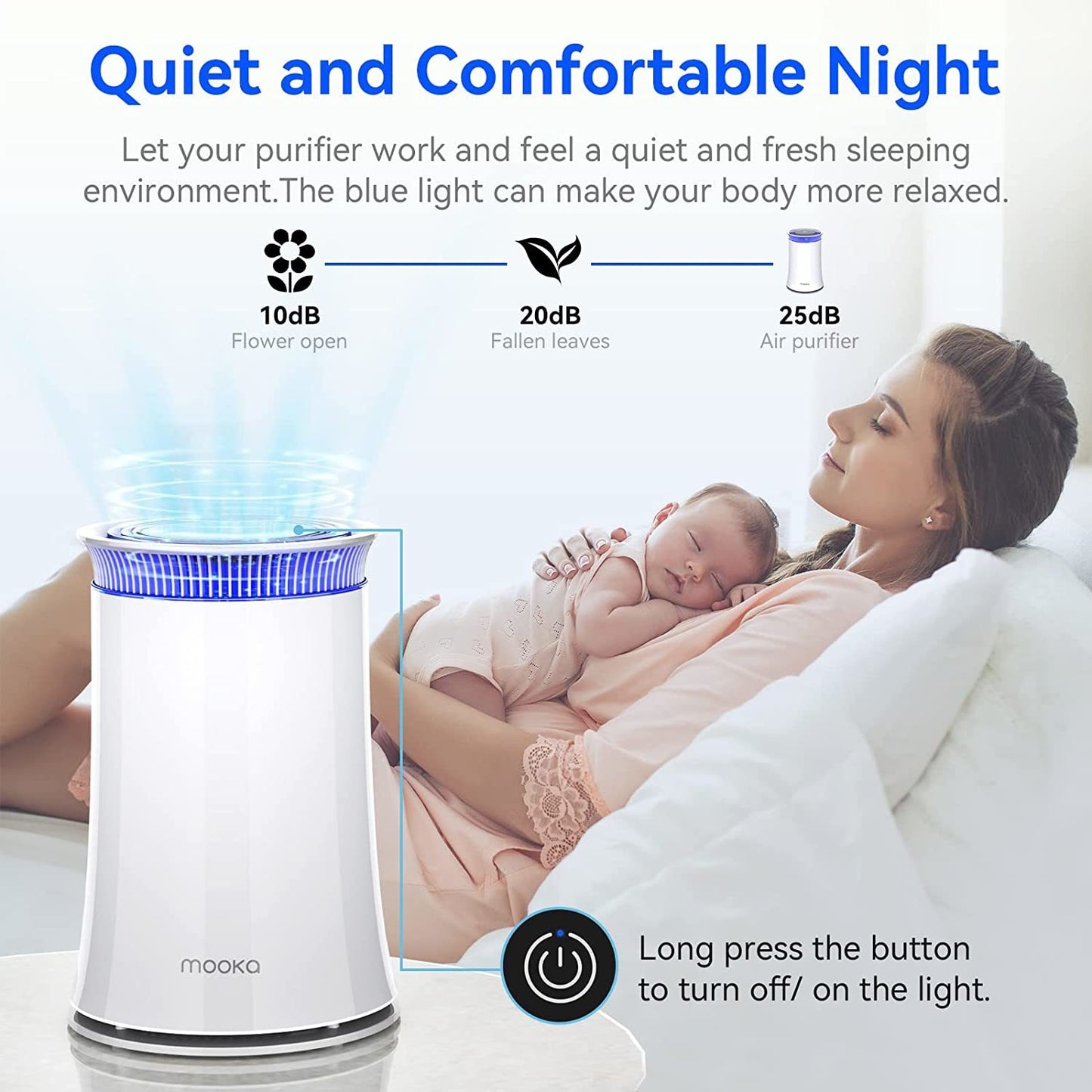Mooka Air Purifier for Home;  True HEPA Air Cleaner ;  Activated Carbon Filter;  Up to 540 sqft Quiet Night Light Ozone-free