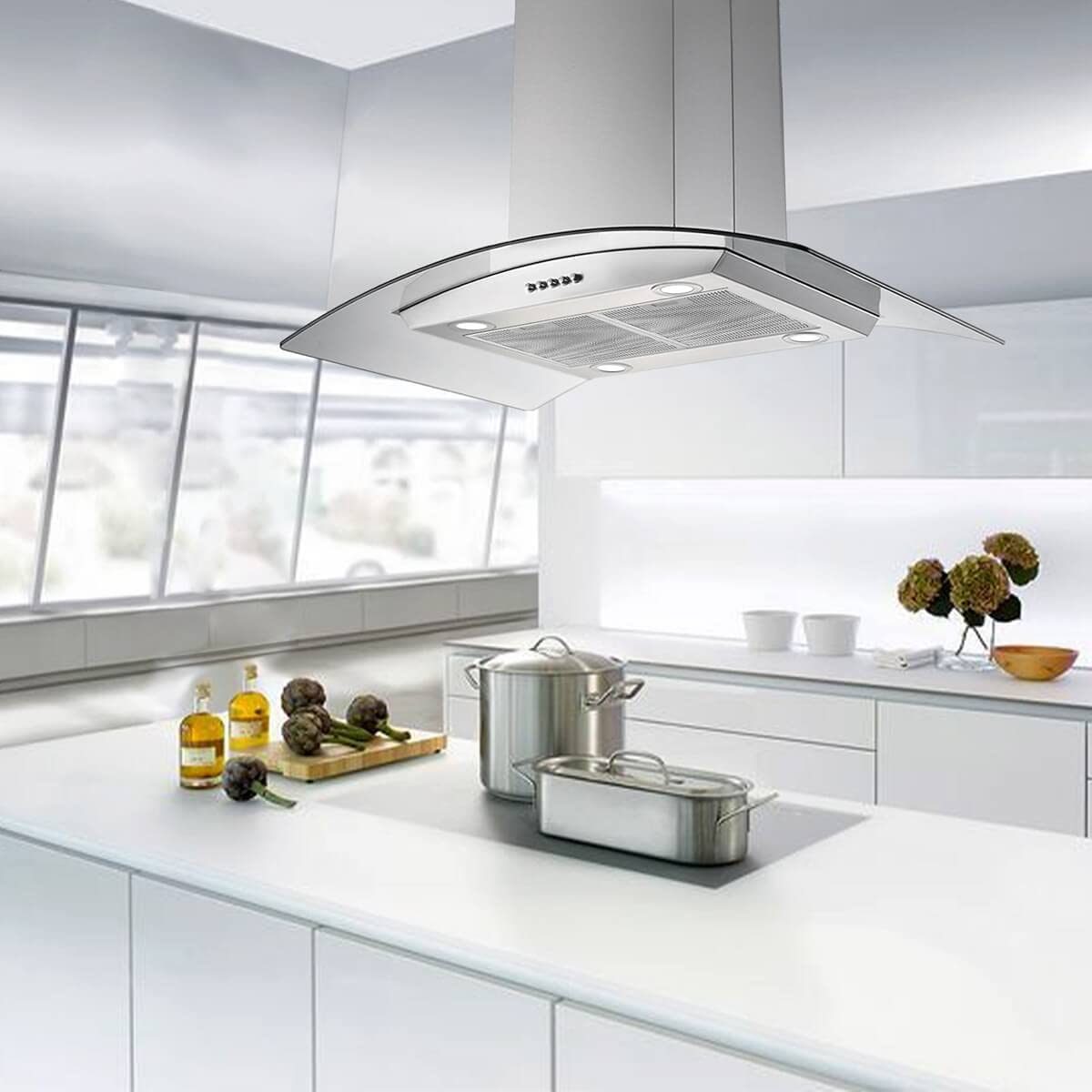 36 inch Stainless Steel Island Mount Range Hood 900CFM Tempered Glass w/LED Lights