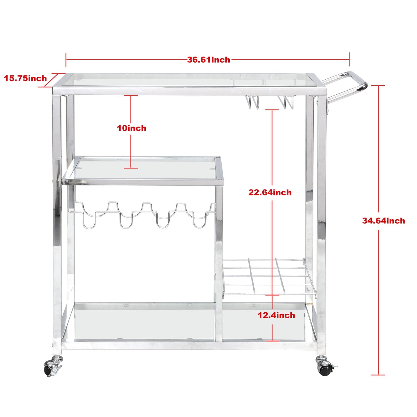 Bar Cart for Home, 3-Tier Mobile Kitchen Serving Cart with Glass Holder and Wine Rack, Rolling Wine Trolley with Tempered Glass and Chrome-Finished Metal Frame (Sliver)