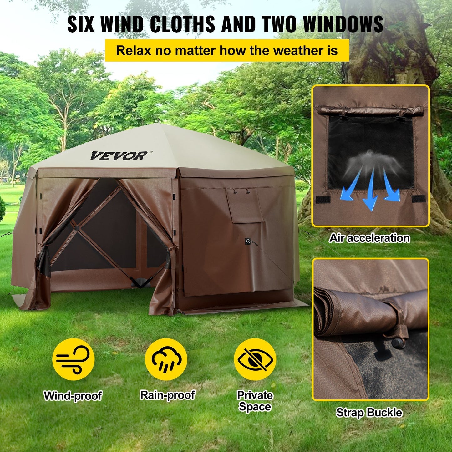VEVOR Camping Gazebo Screen Tent; 12*12ft; 6 Sided Pop-up Canopy Shelter Tent with Mesh Windows; Portable Carry Bag; Stakes
