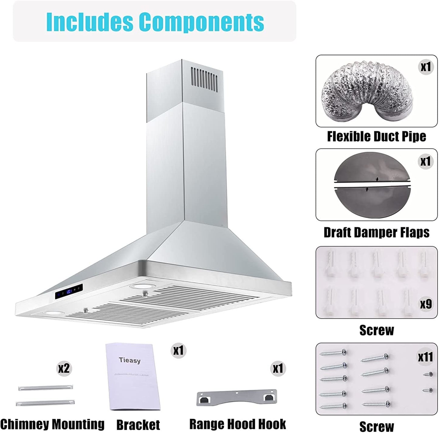 30 inch Range Hood 700CFM Wall Mount Stainless Steel Touch Control 3-speed Stove Vent