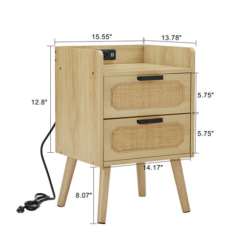 Rattan nightstand with socket side table natural handmade rattan(2PC; Natural ; 15.55''W*13.78''D*23.82''H)