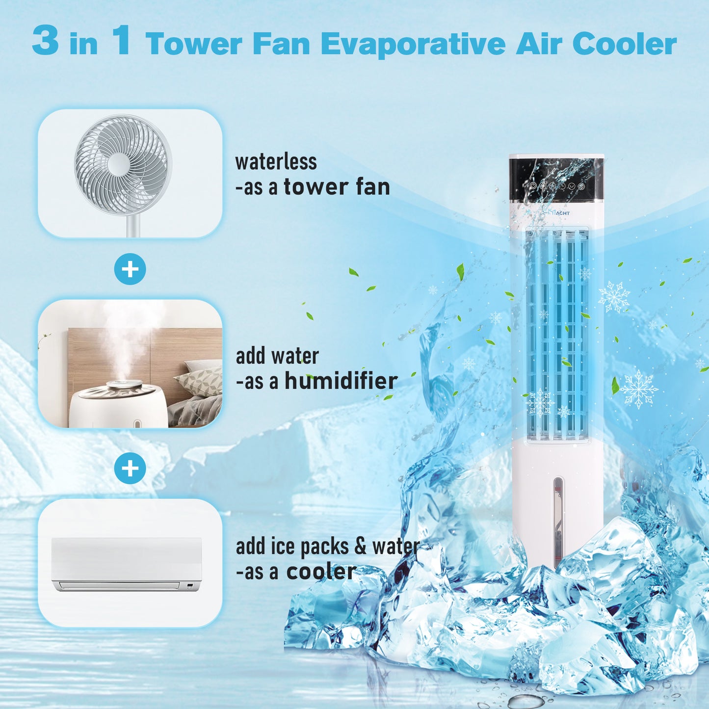 3-in-1 Portable Evaporative Cooler Fan Humidifier w/ Remote Control;  12H Timer;  3 Wind Speeds;  3L Water Tank