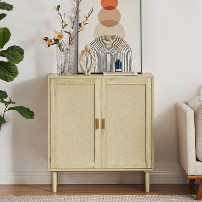 Mid-Century 2-Door Accent Chest; Wood Storage Cabinet with Shelf and Fabric Covered Panels(Natural; 31.5''w x 15.8''d x 34.6"h).